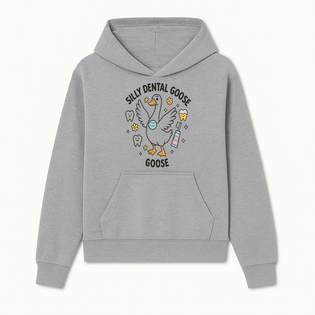 Silly Dental Goose Graphic Tee for Kids - Cute Toothbrush & Teeth Design, Fun Animal Apparel for Children's Dental Hygiene Awareness - Hoodie 1758250119647.jpg