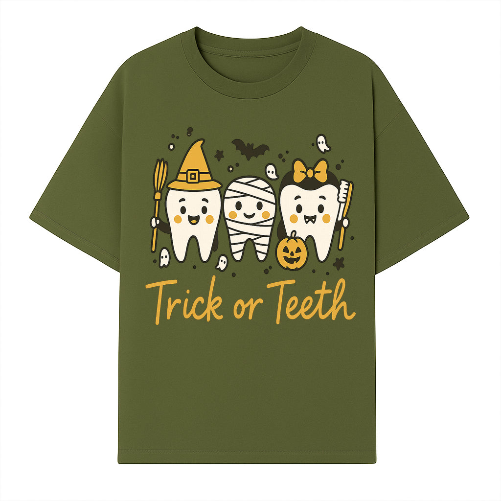 Halloween Trick or Teeth Tooth Fairy Kids T-Shirt, Cute Tooth Characters with Pumpkin, Spooky Ghosts, Fun Dental Theme for Children - T-shirt 1758250119684.jpg