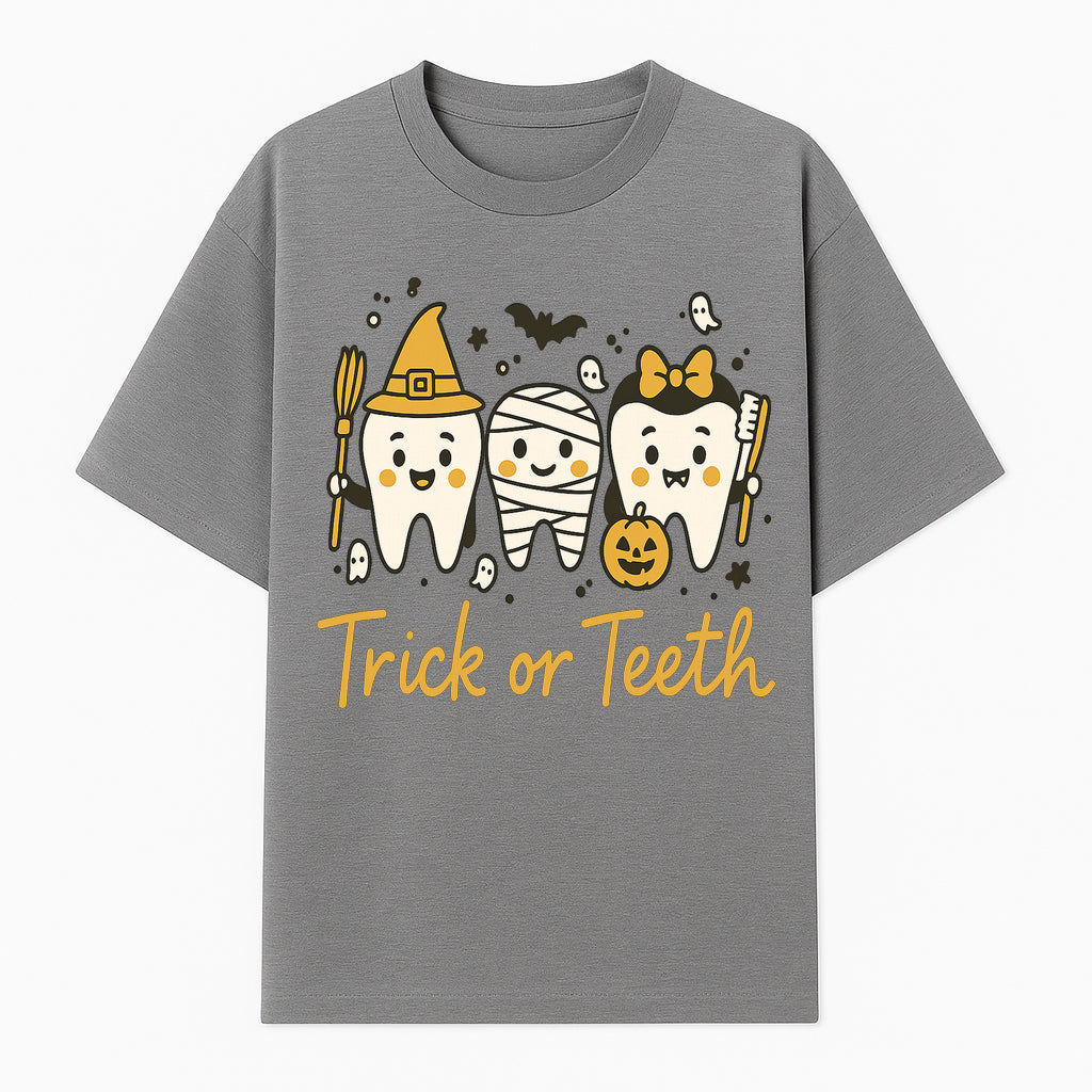 Halloween Trick or Teeth Tooth Fairy Kids T-Shirt, Cute Tooth Characters with Pumpkin, Spooky Ghosts, Fun Dental Theme for Children - T-shirt 1758250119850.jpg