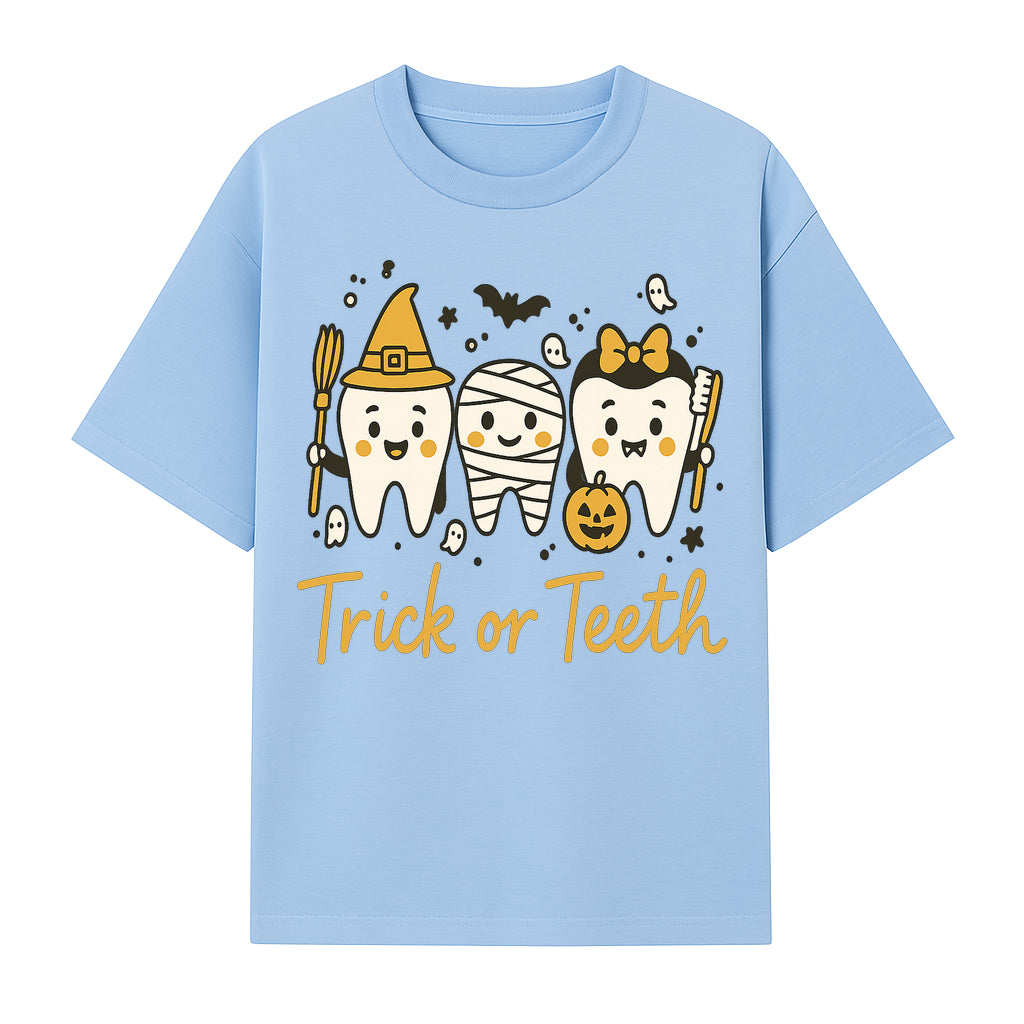 Halloween Trick or Teeth Tooth Fairy Kids T-Shirt, Cute Tooth Characters with Pumpkin, Spooky Ghosts, Fun Dental Theme for Children - T-shirt 1758250119993.jpg