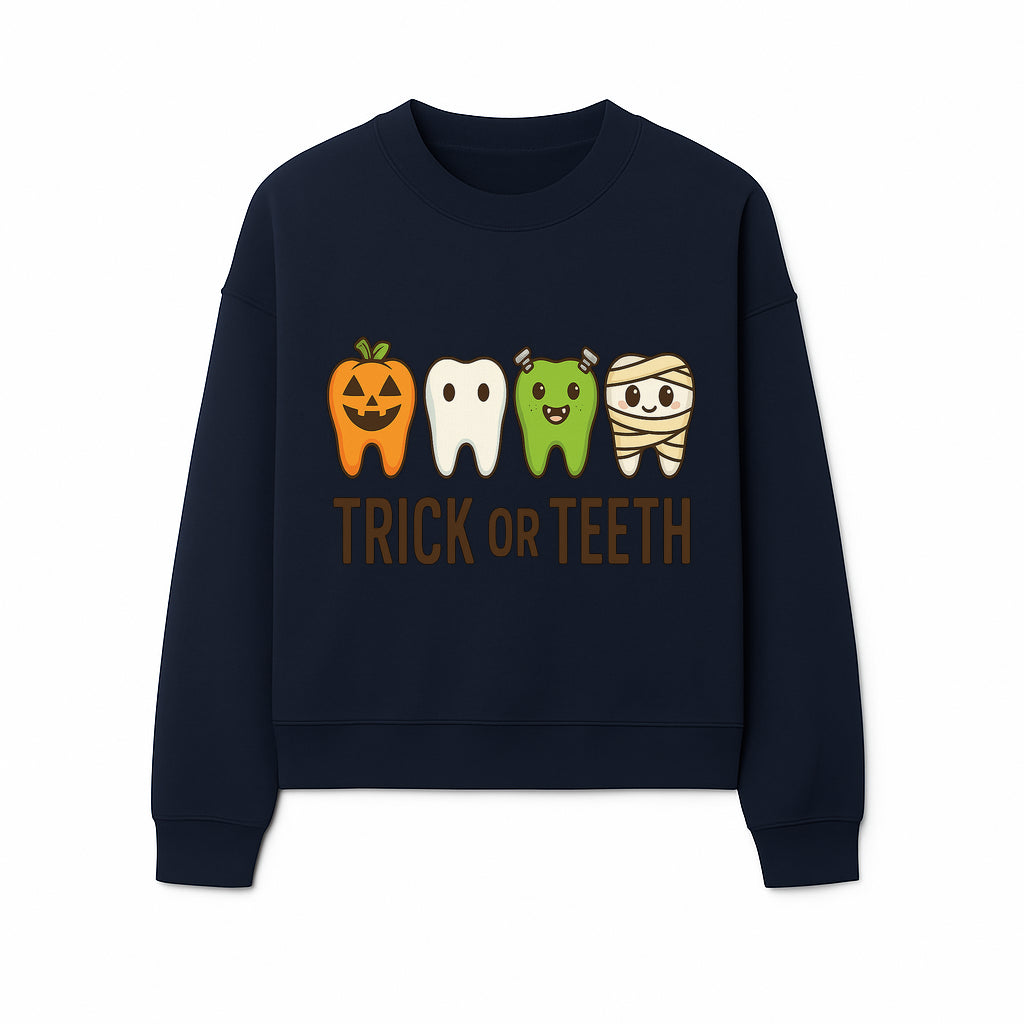 Cute Halloween Trick or Teeth Shirt with Pumpkin & Tooth Characters, Fun Kids' Costume Tee for Spooky Season - Sweatshirt 1758250120057.jpg
