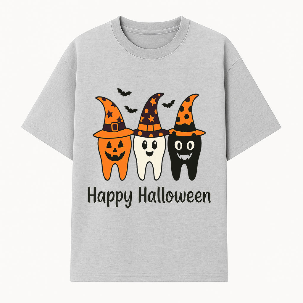 Happy Halloween Dental Art Print - Cute Candy Corn Teeth with Witch Hats - Halloween Decor for Kids' Rooms or Parties - T-shirt 1758250120249.jpg