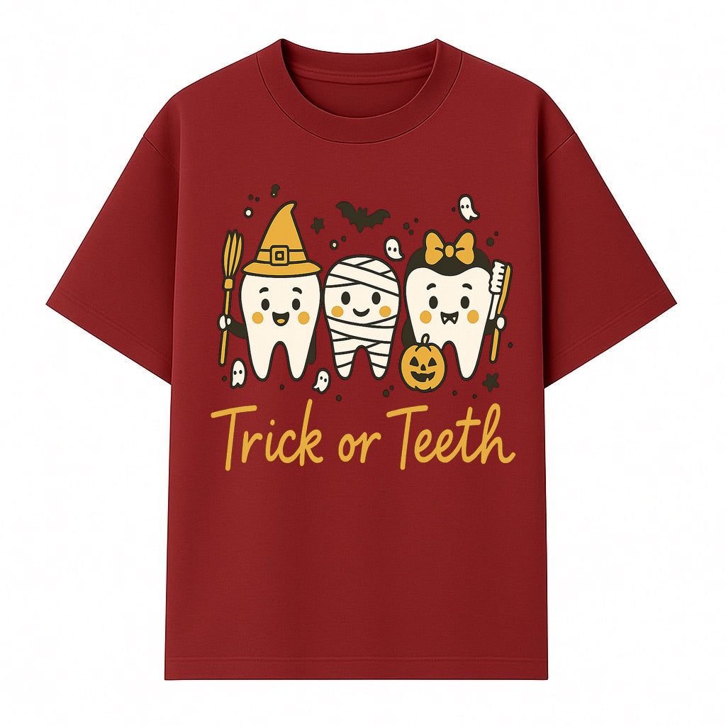 Halloween Trick or Teeth Tooth Fairy Kids T-Shirt, Cute Tooth Characters with Pumpkin, Spooky Ghosts, Fun Dental Theme for Children - T-shirt 1758250120265.jpg