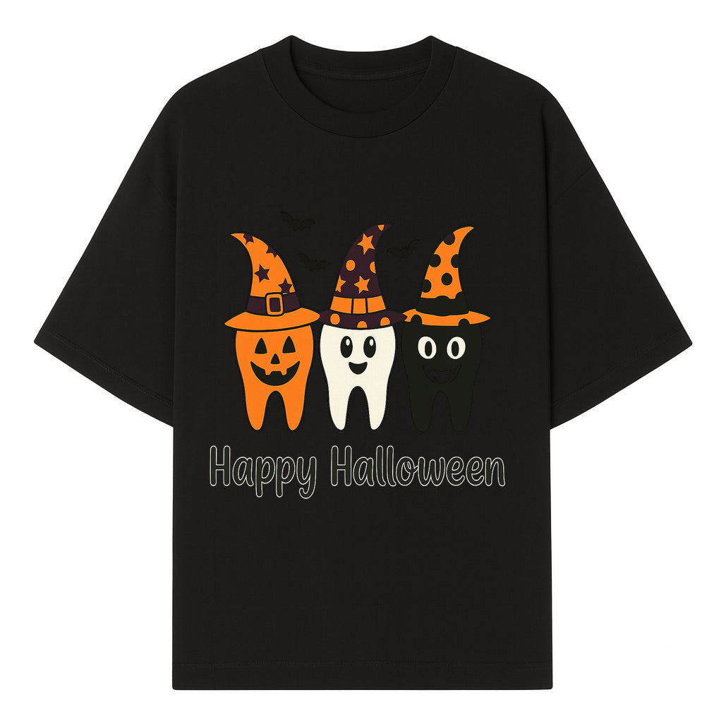 Happy Halloween Dental Art Print - Cute Candy Corn Teeth with Witch Hats - Halloween Decor for Kids' Rooms or Parties - T-shirt 1758250120412.jpg