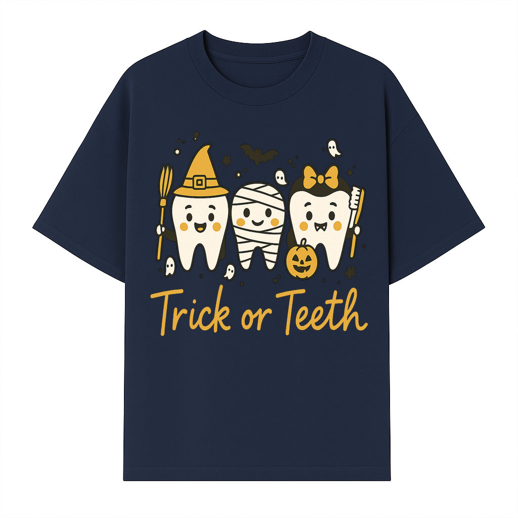 Halloween Trick or Teeth Tooth Fairy Kids T-Shirt, Cute Tooth Characters with Pumpkin, Spooky Ghosts, Fun Dental Theme for Children - T-shirt 1758250120414.jpg