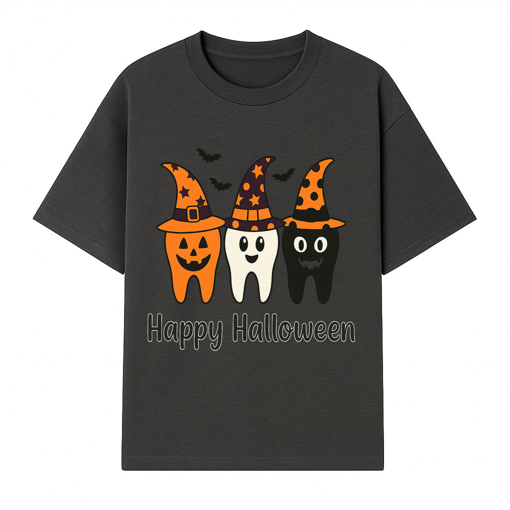Happy Halloween Dental Art Print - Cute Candy Corn Teeth with Witch Hats - Halloween Decor for Kids' Rooms or Parties - T-shirt 1758250120562.jpg