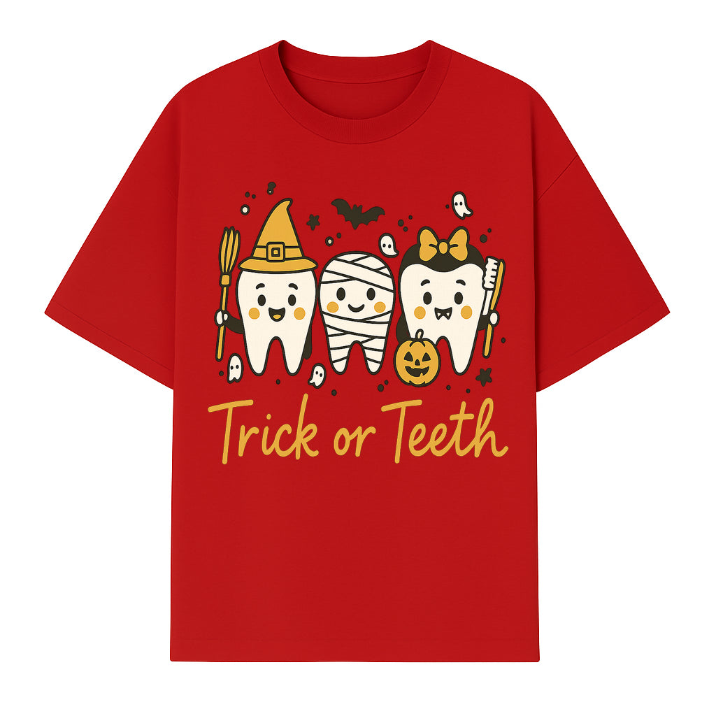 Halloween Trick or Teeth Tooth Fairy Kids T-Shirt, Cute Tooth Characters with Pumpkin, Spooky Ghosts, Fun Dental Theme for Children - T-shirt 1758250120578.jpg