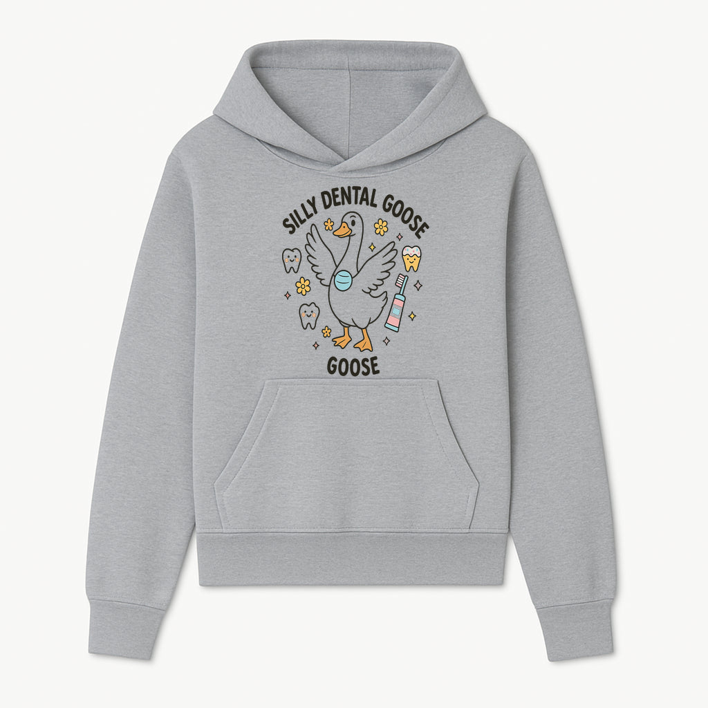 Silly Dental Goose Graphic Tee for Kids - Cute Toothbrush & Teeth Design, Fun Animal Apparel for Children's Dental Hygiene Awareness - Hoodie 1758250120588.jpg
