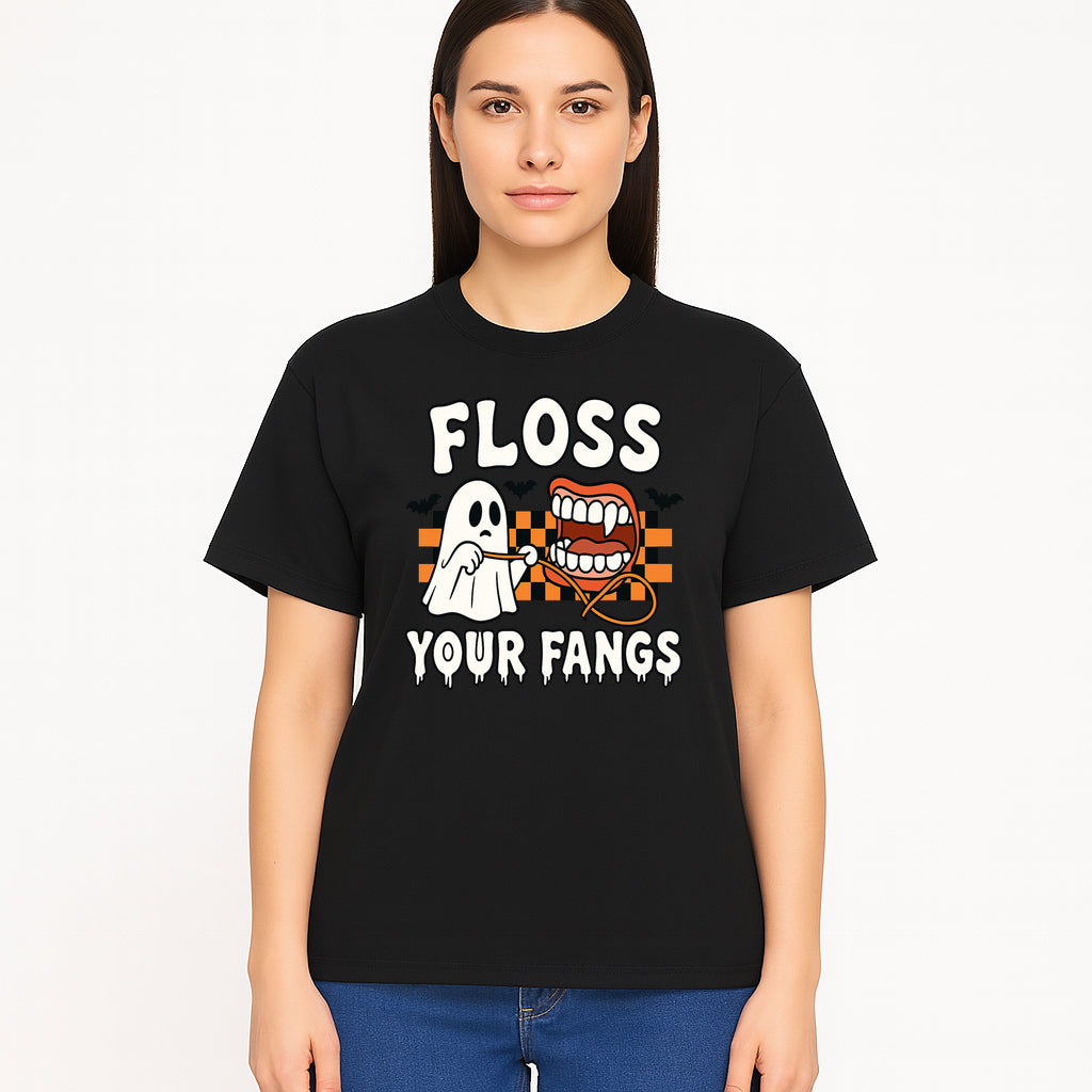 Halloween Ghost Dental Care T-Shirt - Floss Your Fangs Funny Costume Tee for Kids and Adults - T-shirt 1758250120654.jpg