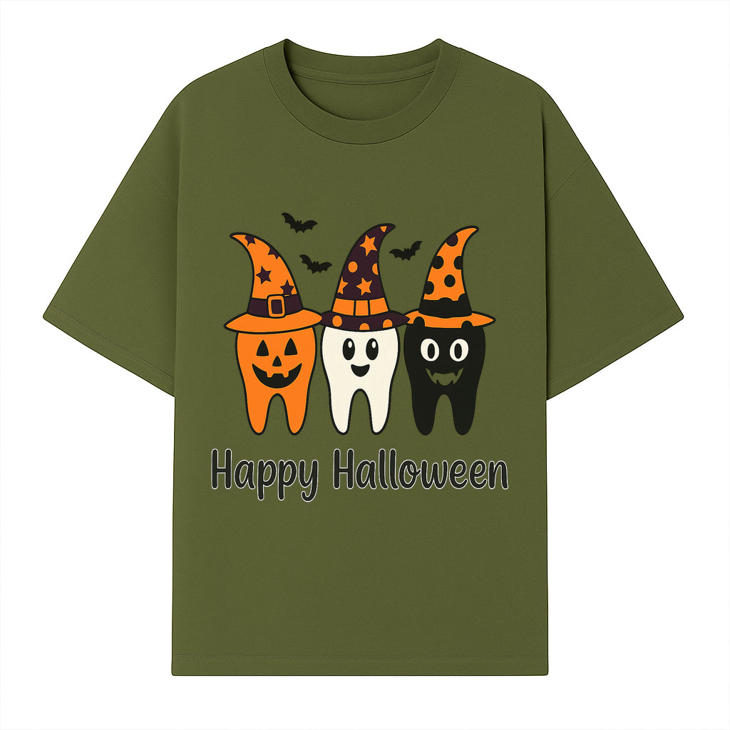 Happy Halloween Dental Art Print - Cute Candy Corn Teeth with Witch Hats - Halloween Decor for Kids' Rooms or Parties - T-shirt 1758250120707.jpg