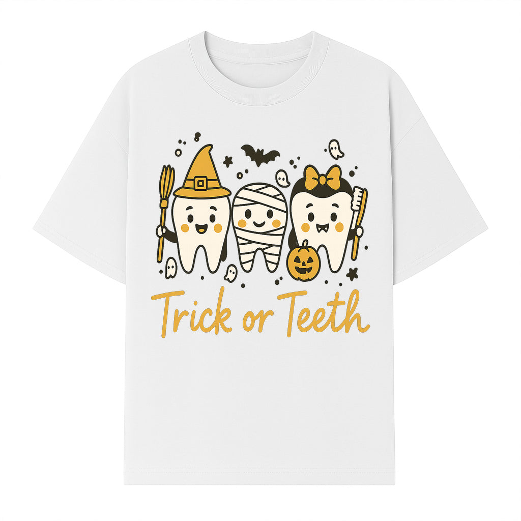 Halloween Trick or Teeth Tooth Fairy Kids T-Shirt, Cute Tooth Characters with Pumpkin, Spooky Ghosts, Fun Dental Theme for Children - T-shirt 1758250120869.jpg
