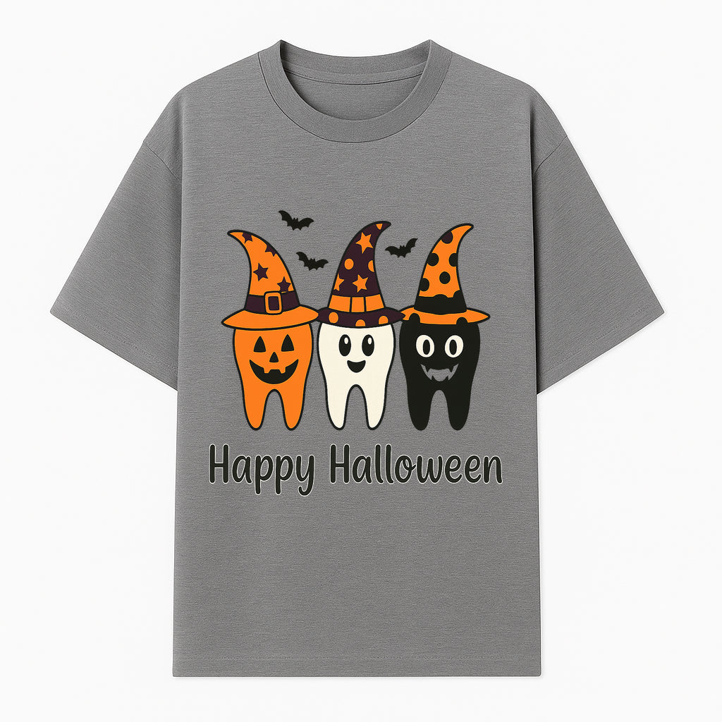 Happy Halloween Dental Art Print - Cute Candy Corn Teeth with Witch Hats - Halloween Decor for Kids' Rooms or Parties - T-shirt 1758250120876.jpg