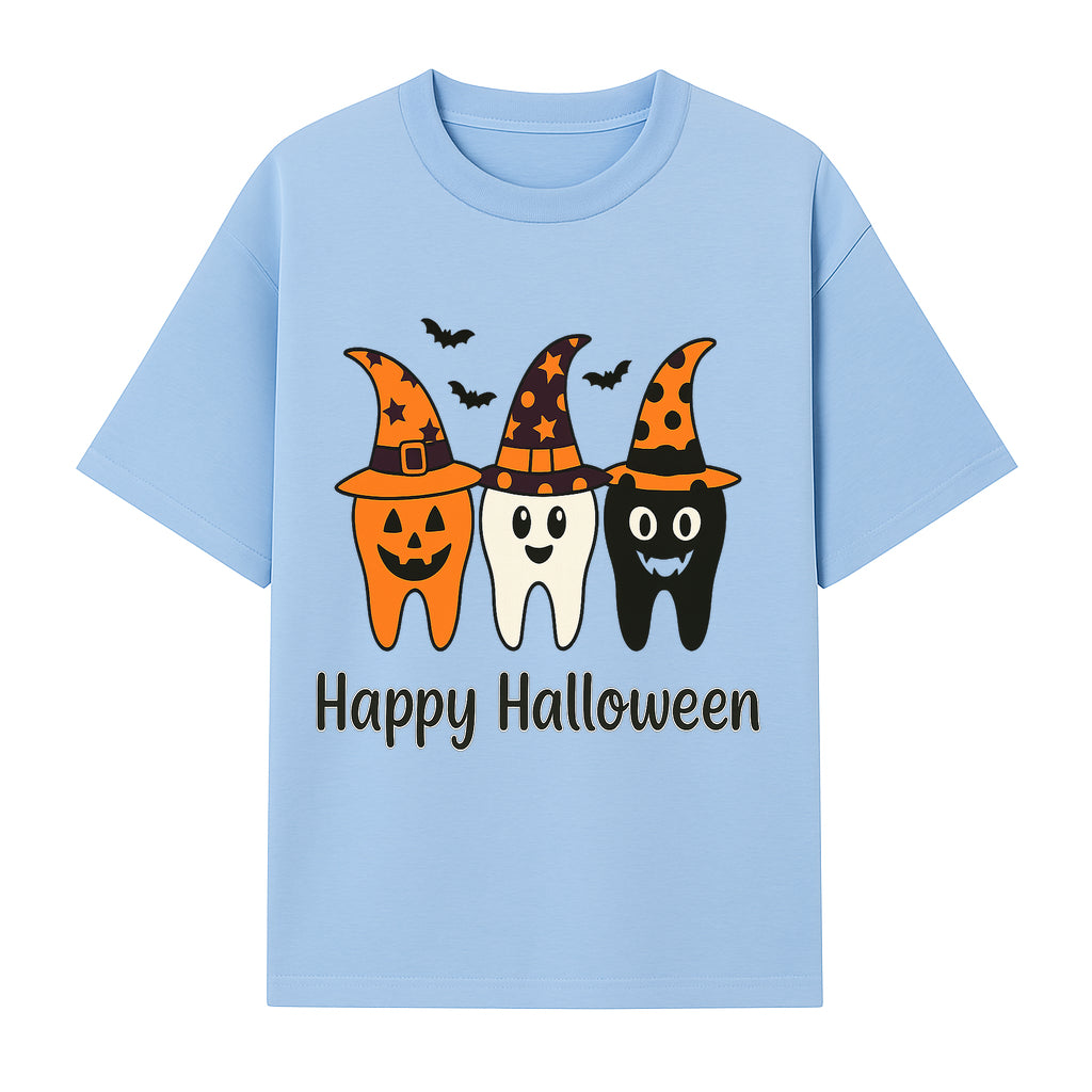 Happy Halloween Dental Art Print - Cute Candy Corn Teeth with Witch Hats - Halloween Decor for Kids' Rooms or Parties - T-shirt 1758250121030.jpg