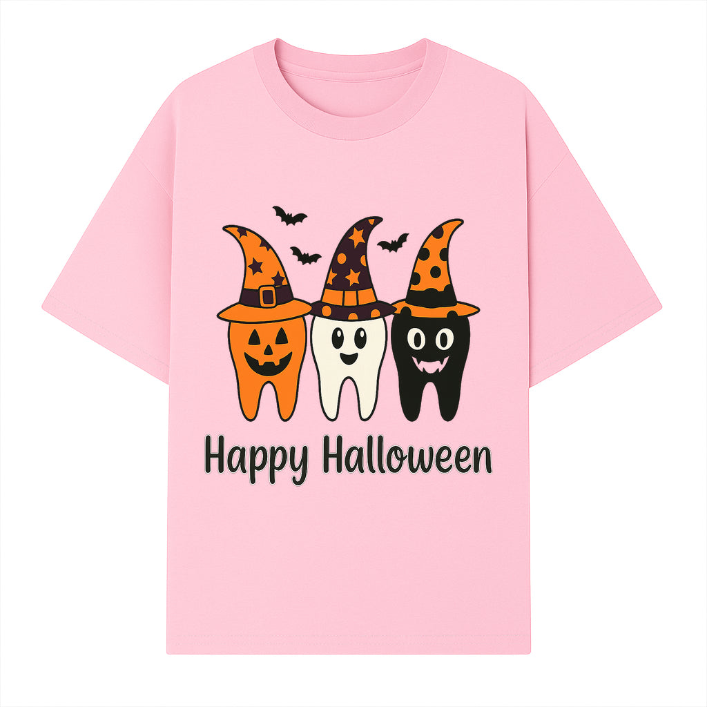 Happy Halloween Dental Art Print - Cute Candy Corn Teeth with Witch Hats - Halloween Decor for Kids' Rooms or Parties - T-shirt 1758250121164.jpg