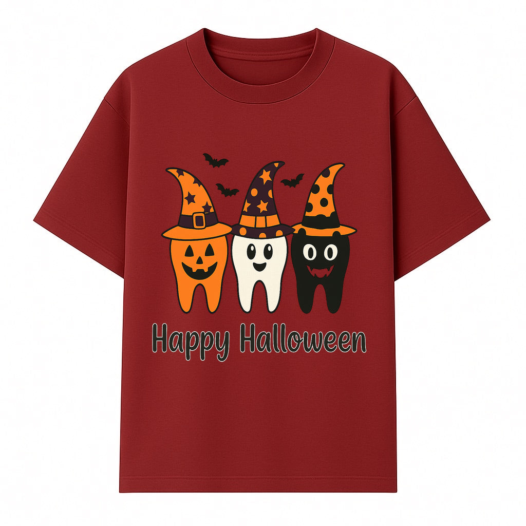 Happy Halloween Dental Art Print - Cute Candy Corn Teeth with Witch Hats - Halloween Decor for Kids' Rooms or Parties - T-shirt 1758250121303.jpg