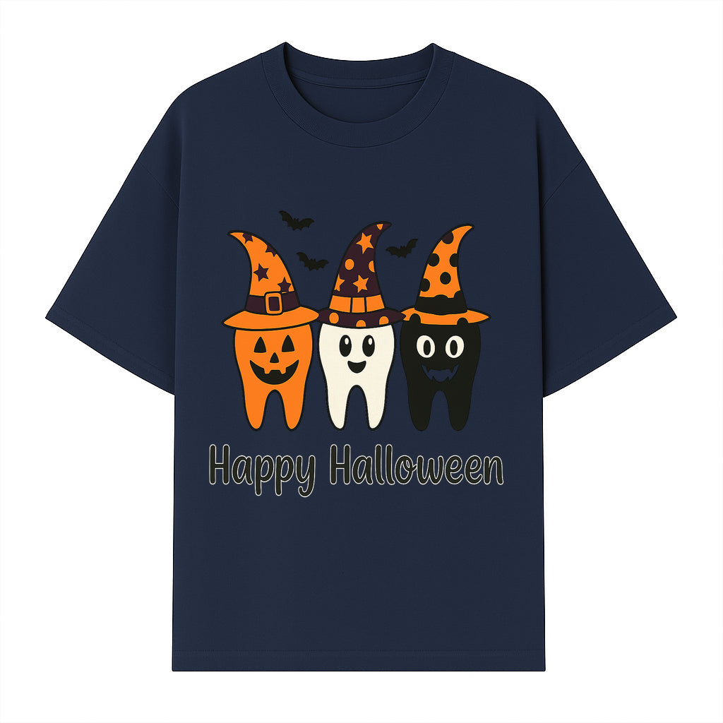 Happy Halloween Dental Art Print - Cute Candy Corn Teeth with Witch Hats - Halloween Decor for Kids' Rooms or Parties - T-shirt 1758250121435.jpg
