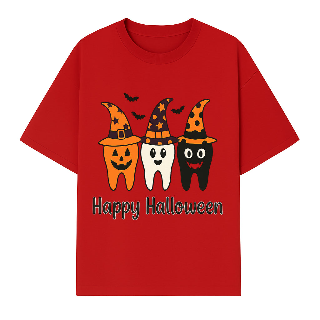 Happy Halloween Dental Art Print - Cute Candy Corn Teeth with Witch Hats - Halloween Decor for Kids' Rooms or Parties - T-shirt 1758250121592.jpg