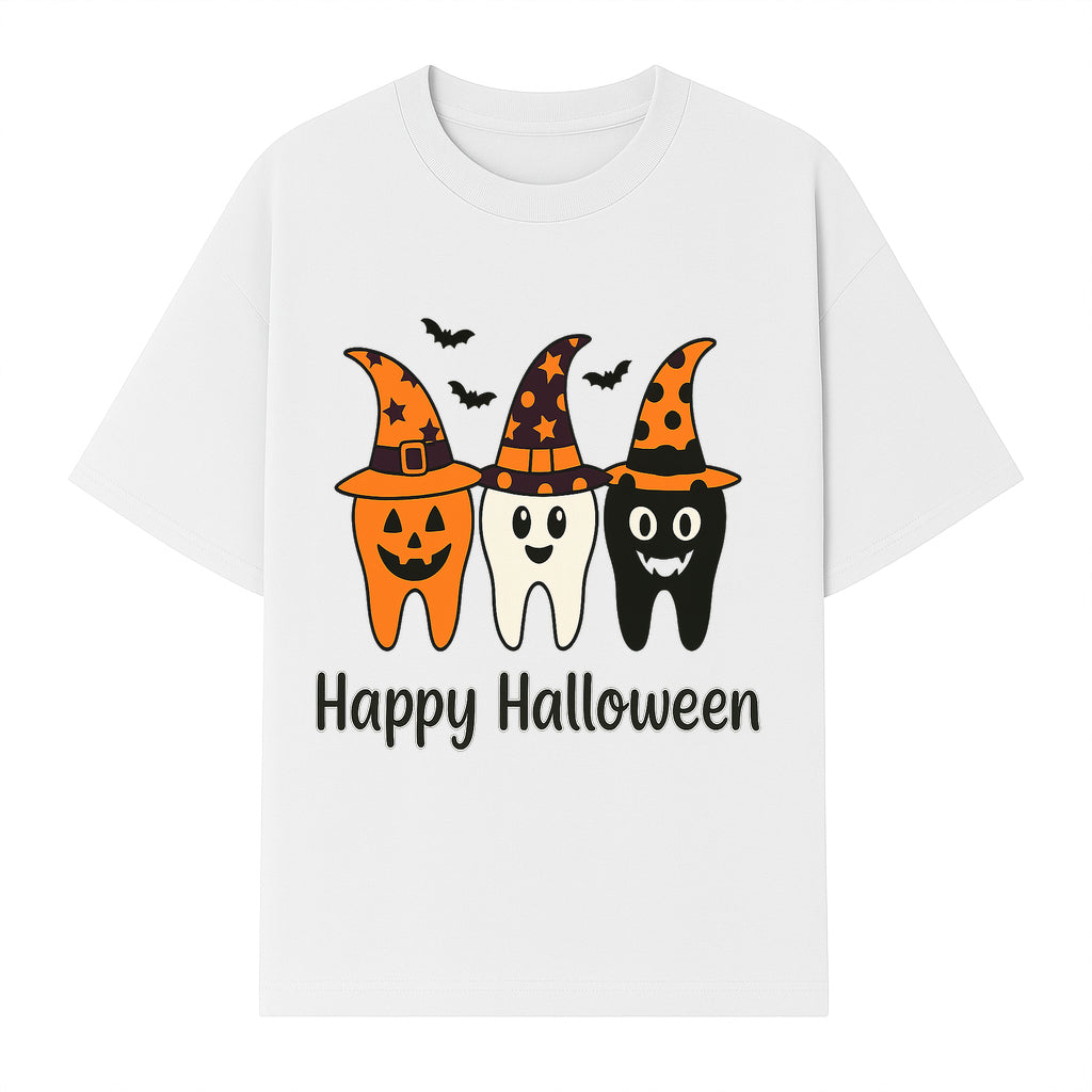 Happy Halloween Dental Art Print - Cute Candy Corn Teeth with Witch Hats - Halloween Decor for Kids' Rooms or Parties - T-shirt 1758250121874.jpg