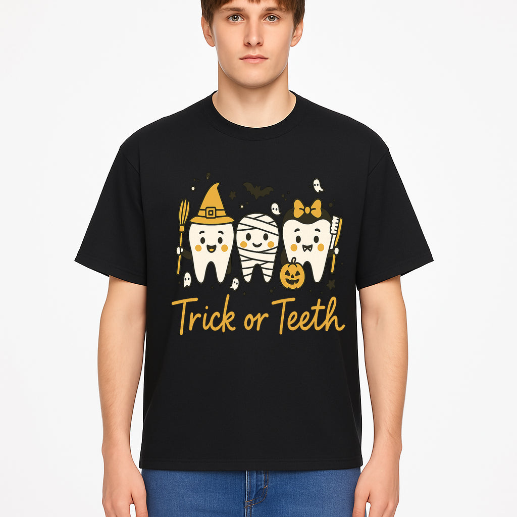 Halloween Trick or Teeth Tooth Fairy Kids T-Shirt, Cute Tooth Characters with Pumpkin, Spooky Ghosts, Fun Dental Theme for Children - T-shirt 1758250122033.jpg