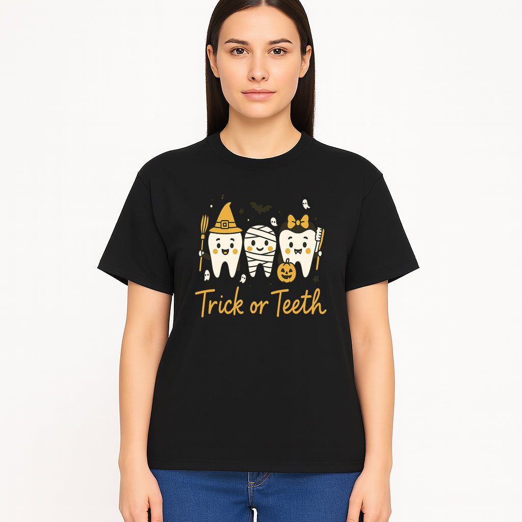 Halloween Trick or Teeth Tooth Fairy Kids T-Shirt, Cute Tooth Characters with Pumpkin, Spooky Ghosts, Fun Dental Theme for Children - T-shirt 1758250122188.jpg