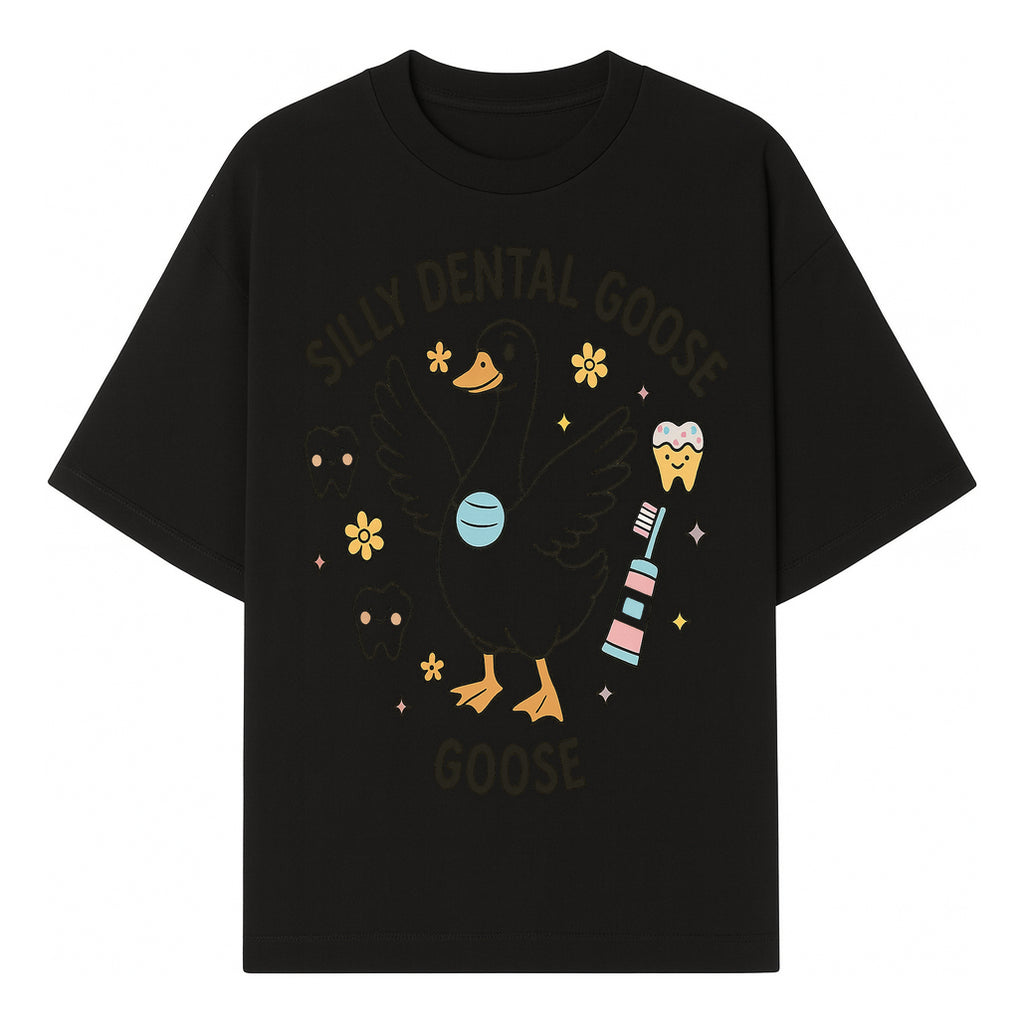 Silly Dental Goose Graphic Tee for Kids - Cute Toothbrush & Teeth Design, Fun Animal Apparel for Children's Dental Hygiene Awareness - T-shirt 1758250122437.jpg