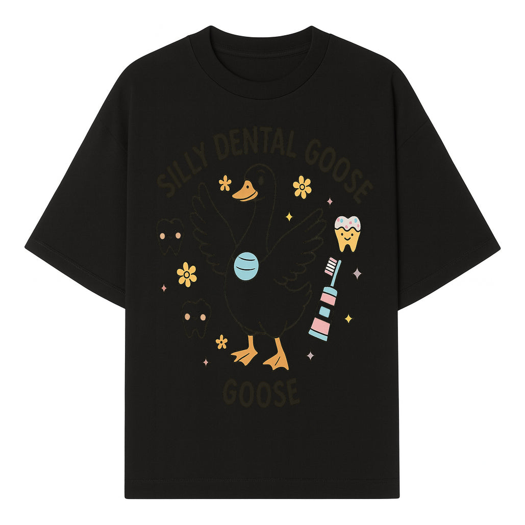 Silly Dental Goose Graphic Tee for Kids - Cute Toothbrush & Teeth Design, Fun Animal Apparel for Children's Dental Hygiene Awareness - T-shirt 1758250122437.jpg