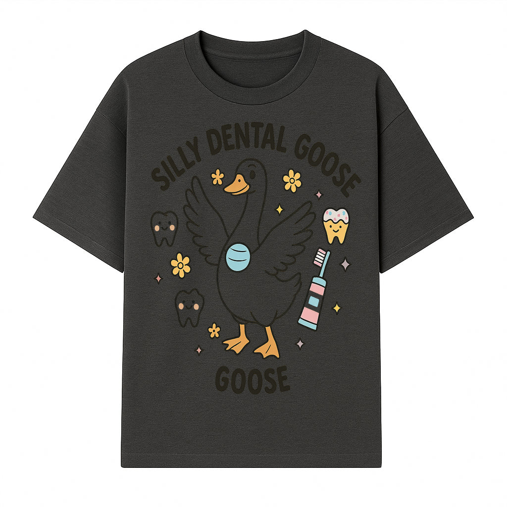 Silly Dental Goose Graphic Tee for Kids - Cute Toothbrush & Teeth Design, Fun Animal Apparel for Children's Dental Hygiene Awareness - T-shirt 1758250122600.jpg
