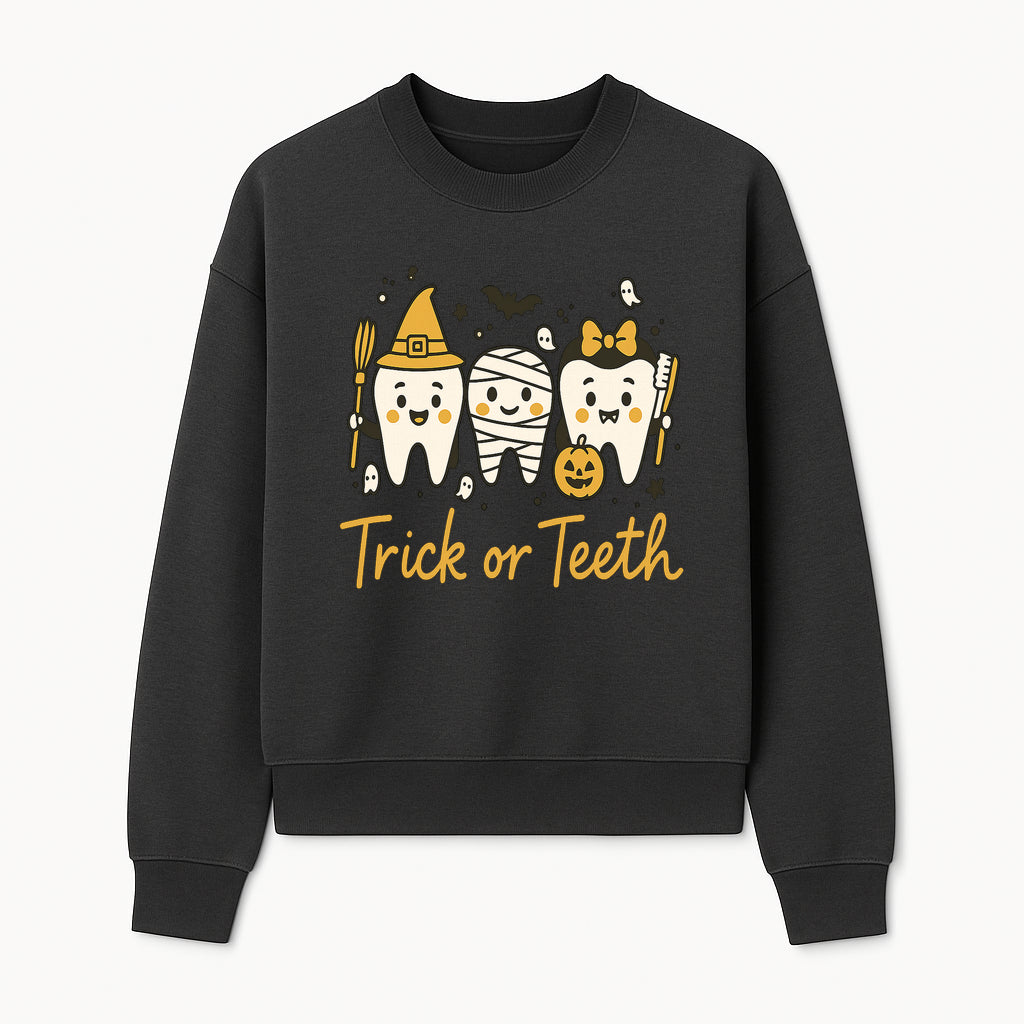 Halloween Trick or Teeth Tooth Fairy Kids T-Shirt, Cute Tooth Characters with Pumpkin, Spooky Ghosts, Fun Dental Theme for Children - Sweatshirt 1758250122637.jpg