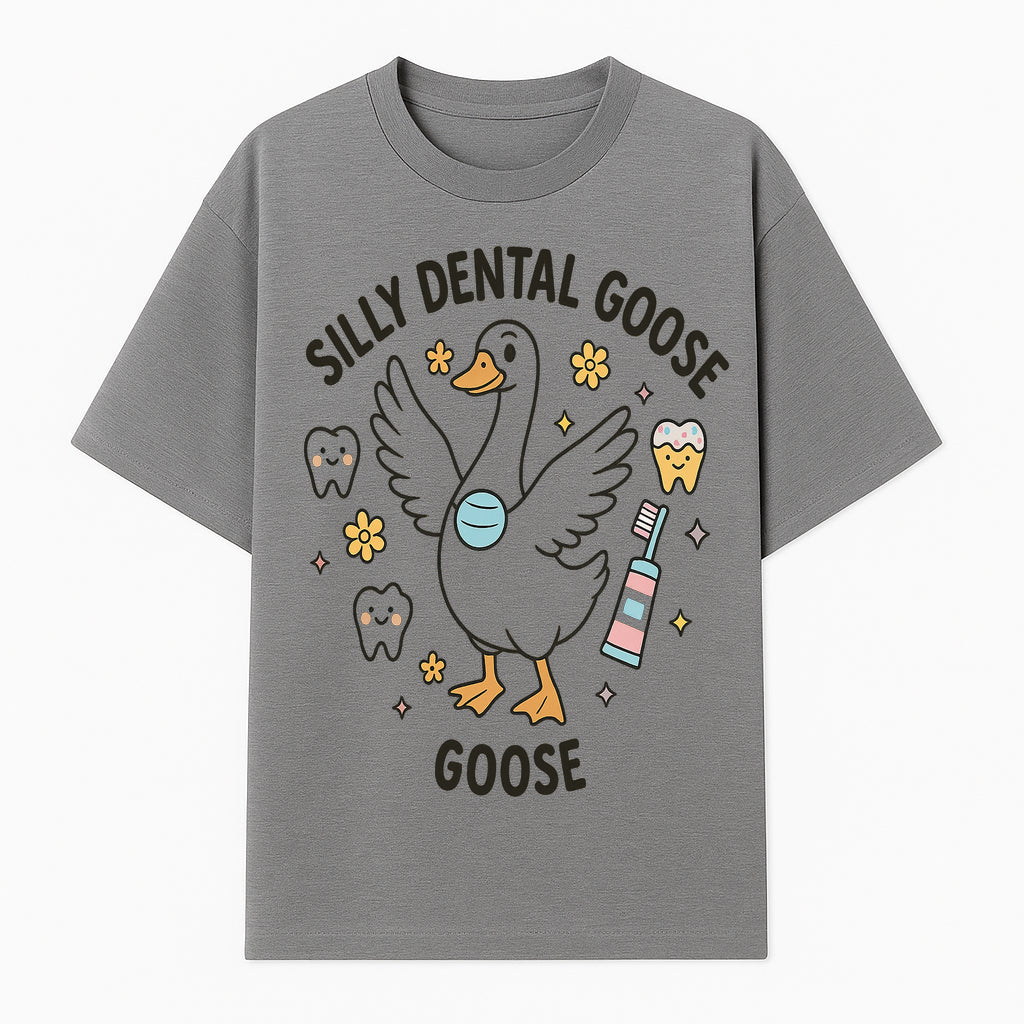 Silly Dental Goose Graphic Tee for Kids - Cute Toothbrush & Teeth Design, Fun Animal Apparel for Children's Dental Hygiene Awareness - T-shirt 1758250122929.jpg