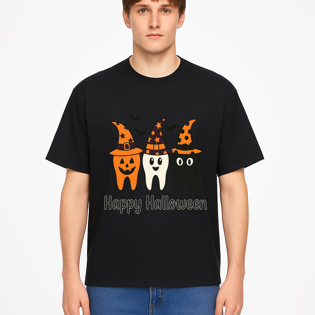 Happy Halloween Dental Art Print - Cute Candy Corn Teeth with Witch Hats - Halloween Decor for Kids' Rooms or Parties - T-shirt 1758250123012.jpg