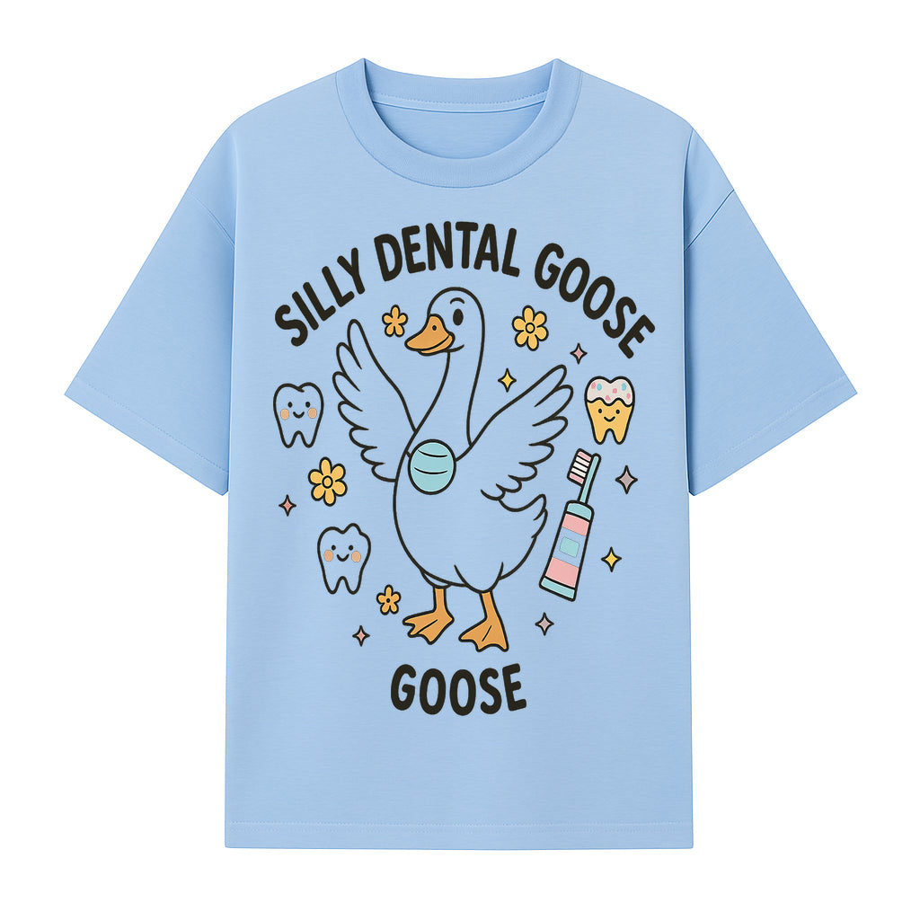 Silly Dental Goose Graphic Tee for Kids - Cute Toothbrush & Teeth Design, Fun Animal Apparel for Children's Dental Hygiene Awareness - T-shirt 1758250123123.jpg