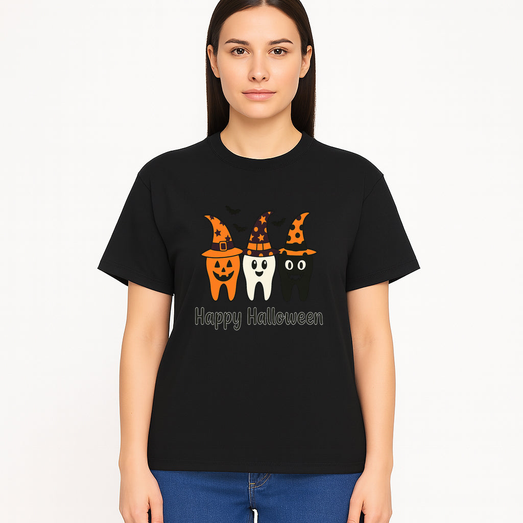 Happy Halloween Dental Art Print - Cute Candy Corn Teeth with Witch Hats - Halloween Decor for Kids' Rooms or Parties - T-shirt 1758250123158.jpg