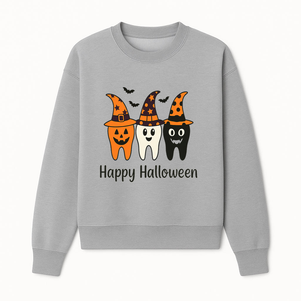 Happy Halloween Dental Art Print - Cute Candy Corn Teeth with Witch Hats - Halloween Decor for Kids' Rooms or Parties - Sweatshirt 1758250123299.jpg