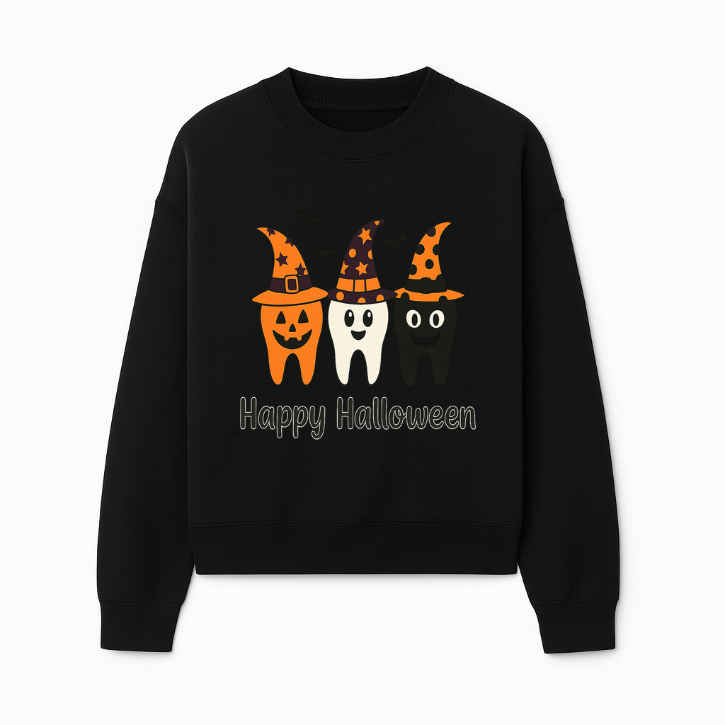 Happy Halloween Dental Art Print - Cute Candy Corn Teeth with Witch Hats - Halloween Decor for Kids' Rooms or Parties - Sweatshirt 1758250123449.jpg