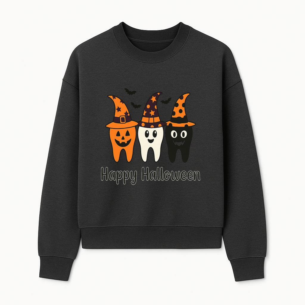 Happy Halloween Dental Art Print - Cute Candy Corn Teeth with Witch Hats - Halloween Decor for Kids' Rooms or Parties - Sweatshirt 1758250123606.jpg
