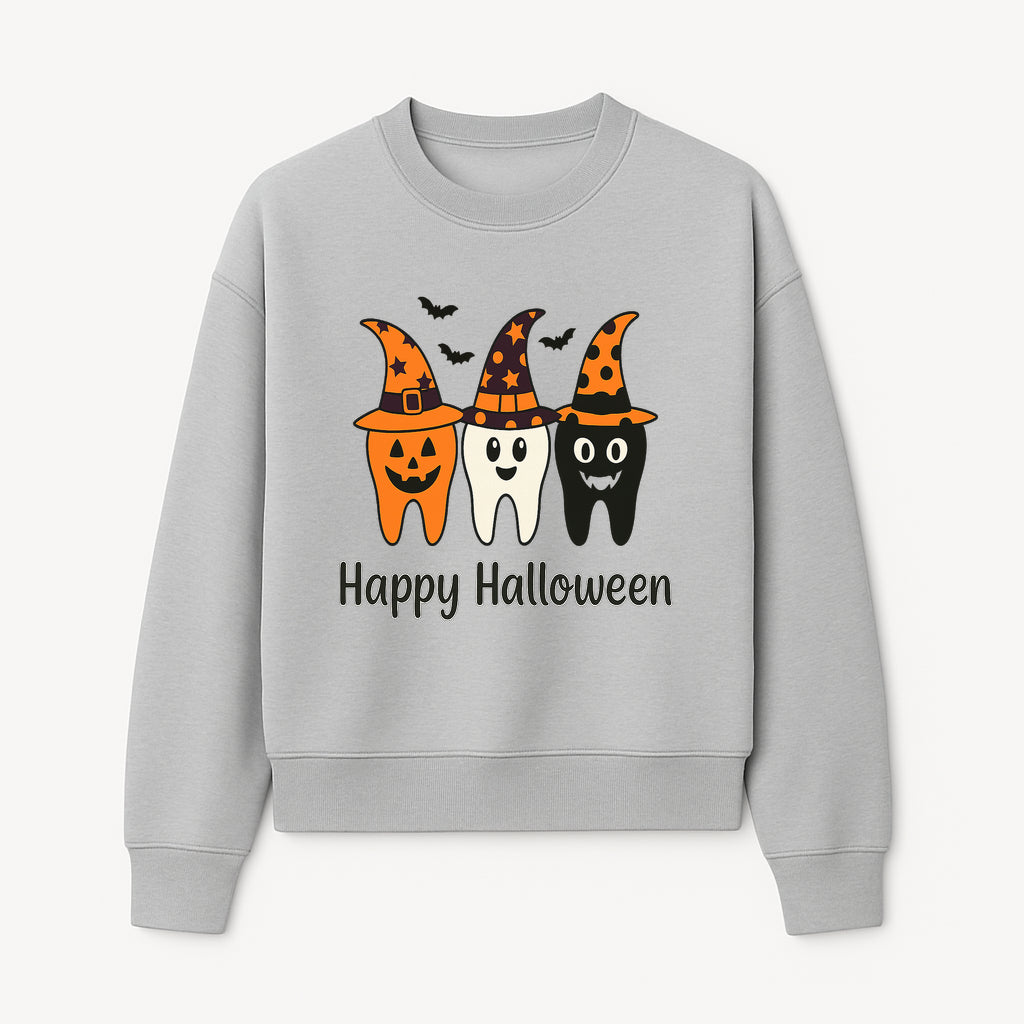Happy Halloween Dental Art Print - Cute Candy Corn Teeth with Witch Hats - Halloween Decor for Kids' Rooms or Parties - Sweatshirt 1758250123897.jpg