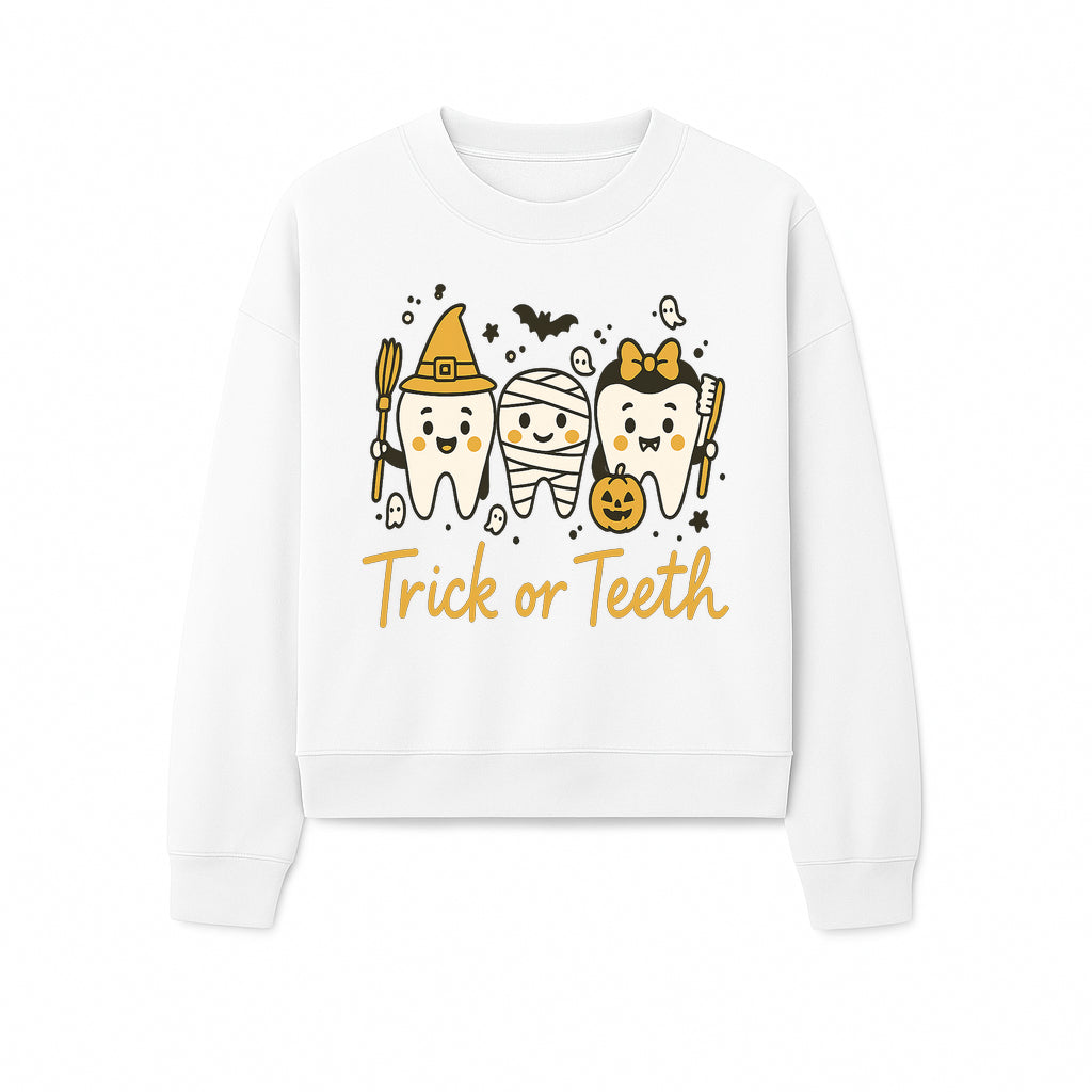 Halloween Trick or Teeth Tooth Fairy Kids T-Shirt, Cute Tooth Characters with Pumpkin, Spooky Ghosts, Fun Dental Theme for Children - Sweatshirt 1758250123985.jpg