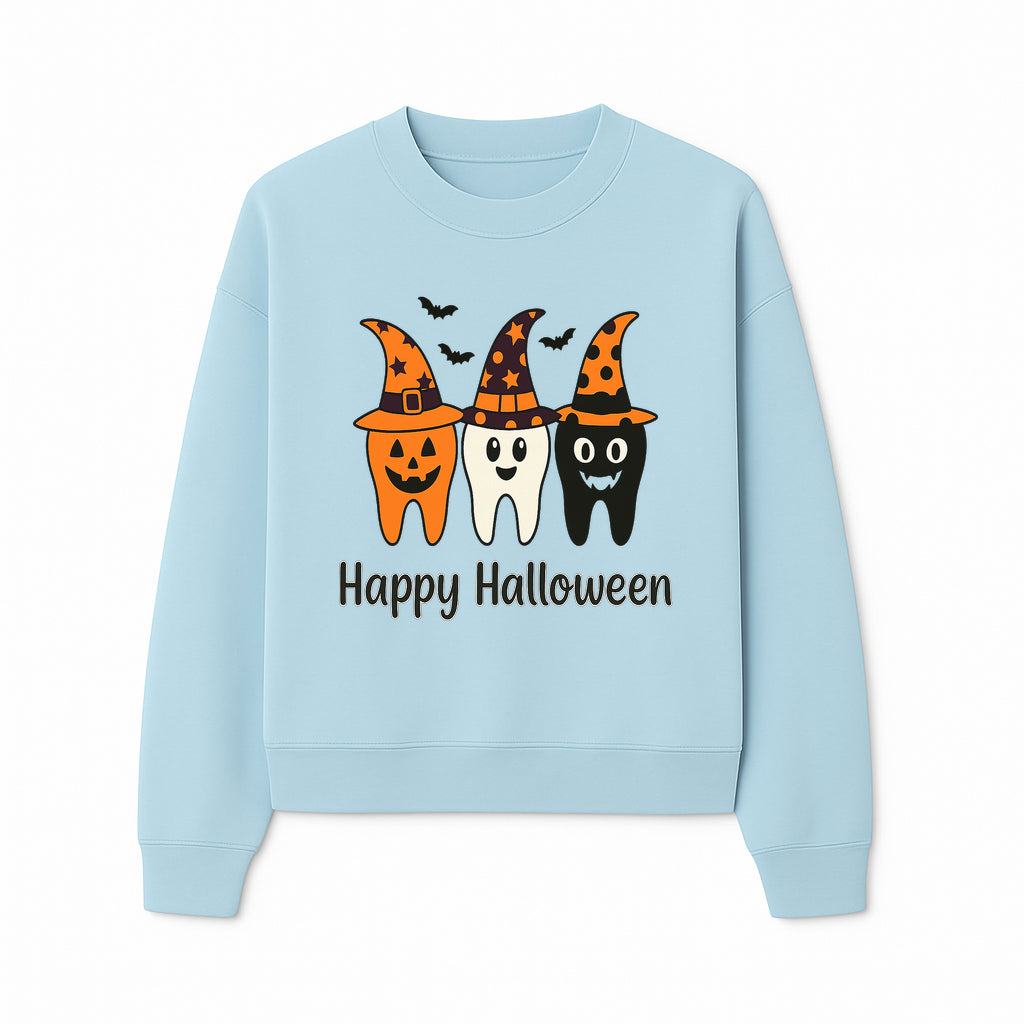 Happy Halloween Dental Art Print - Cute Candy Corn Teeth with Witch Hats - Halloween Decor for Kids' Rooms or Parties - Sweatshirt 1758250124040.jpg