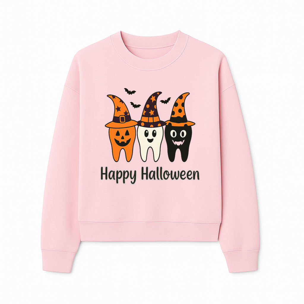 Happy Halloween Dental Art Print - Cute Candy Corn Teeth with Witch Hats - Halloween Decor for Kids' Rooms or Parties - Sweatshirt 1758250124210.jpg