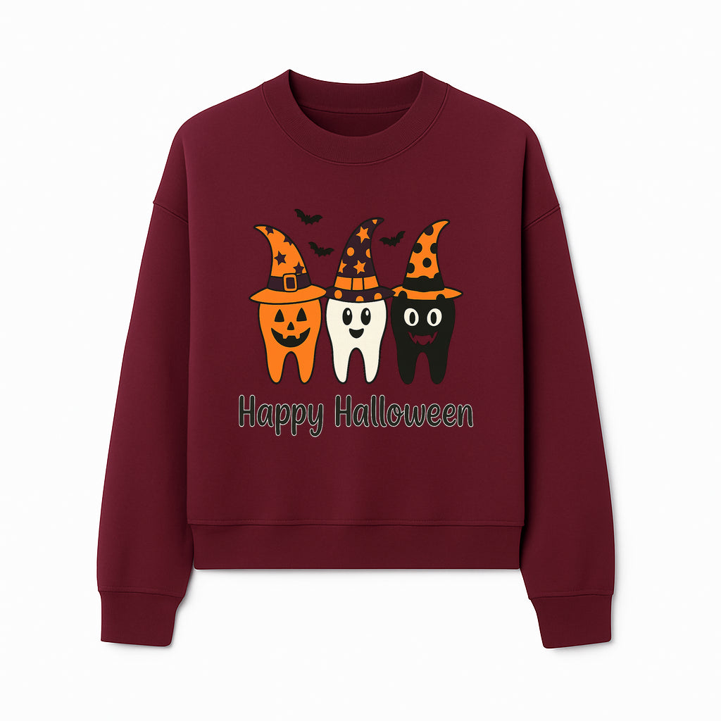 Happy Halloween Dental Art Print - Cute Candy Corn Teeth with Witch Hats - Halloween Decor for Kids' Rooms or Parties - Sweatshirt 1758250124361.jpg