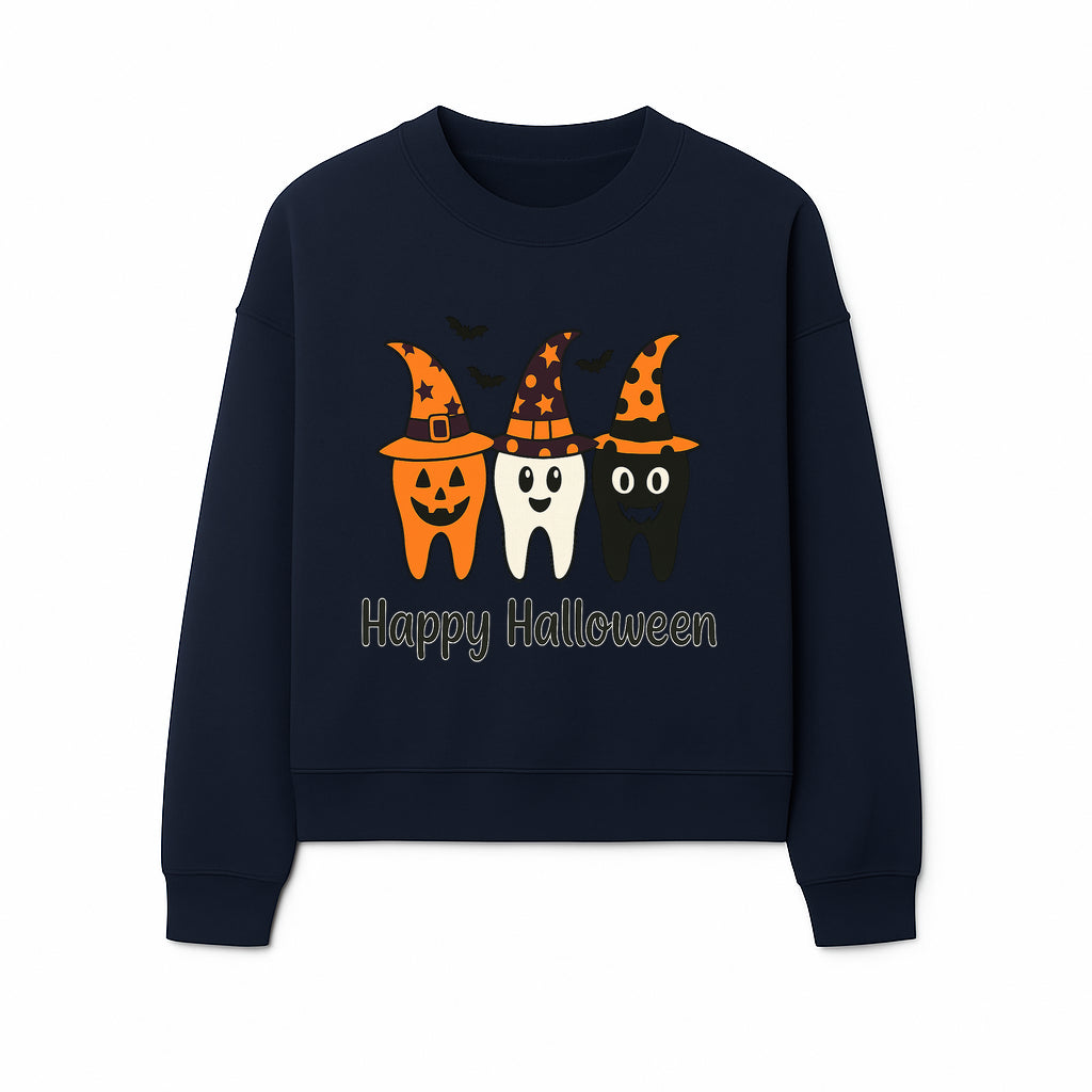 Happy Halloween Dental Art Print - Cute Candy Corn Teeth with Witch Hats - Halloween Decor for Kids' Rooms or Parties - Sweatshirt 1758250124491.jpg