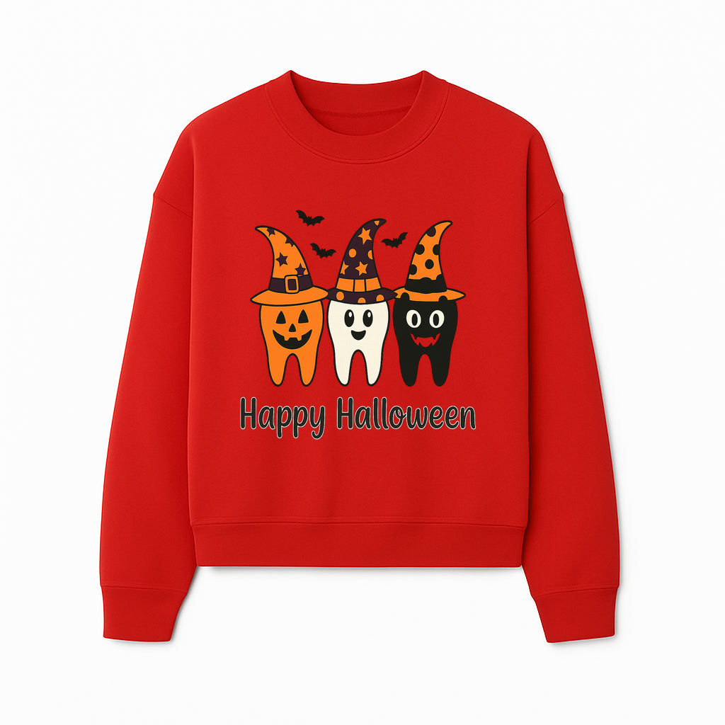 Happy Halloween Dental Art Print - Cute Candy Corn Teeth with Witch Hats - Halloween Decor for Kids' Rooms or Parties - Sweatshirt 1758250124627.jpg