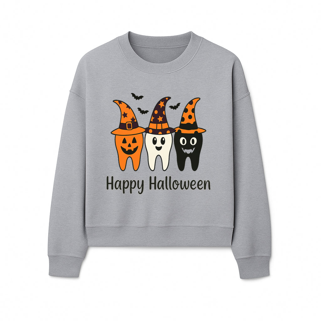 Happy Halloween Dental Art Print - Cute Candy Corn Teeth with Witch Hats - Halloween Decor for Kids' Rooms or Parties - Sweatshirt 1758250124789.jpg