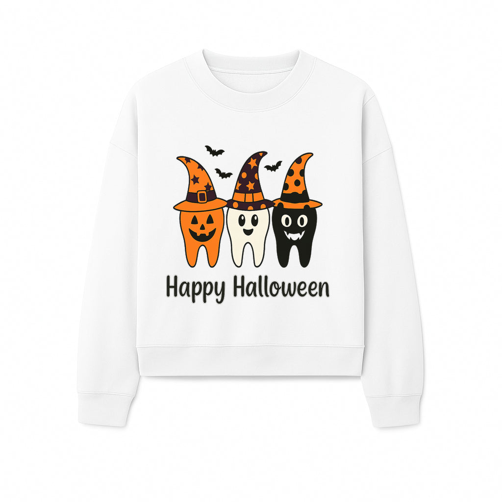 Happy Halloween Dental Art Print - Cute Candy Corn Teeth with Witch Hats - Halloween Decor for Kids' Rooms or Parties - Sweatshirt 1758250124938.jpg
