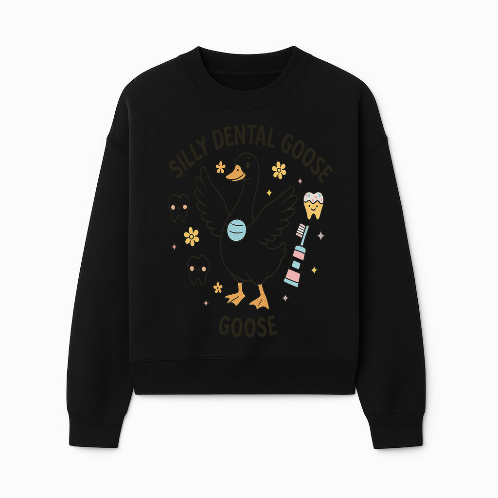 Silly Dental Goose Graphic Tee for Kids - Cute Toothbrush & Teeth Design, Fun Animal Apparel for Children's Dental Hygiene Awareness - Sweatshirt 1758250125558.jpg