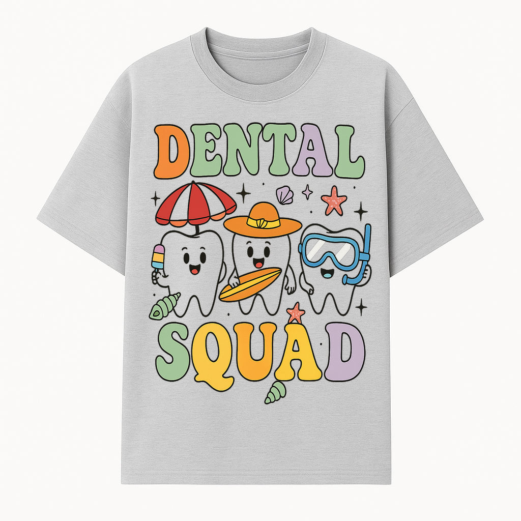Dental Squad Beach Party T-Shirt, Cute Tooth Characters, Summer Fun, Kids Graphic Tee, Funny Dental Humor, Cartoon Design - T-shirt 1758250125768.jpg