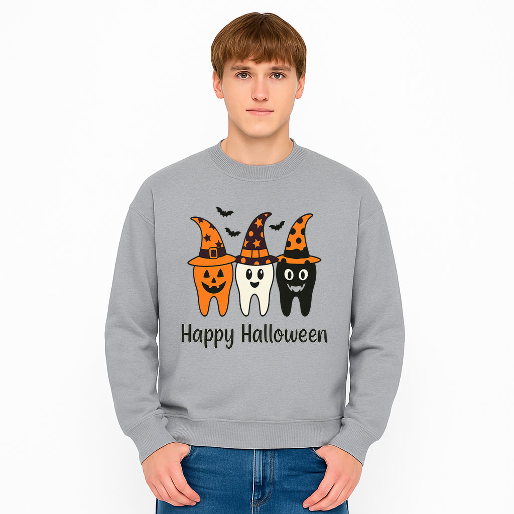 Happy Halloween Dental Art Print - Cute Candy Corn Teeth with Witch Hats - Halloween Decor for Kids' Rooms or Parties - Sweatshirt 1758250126079.jpg