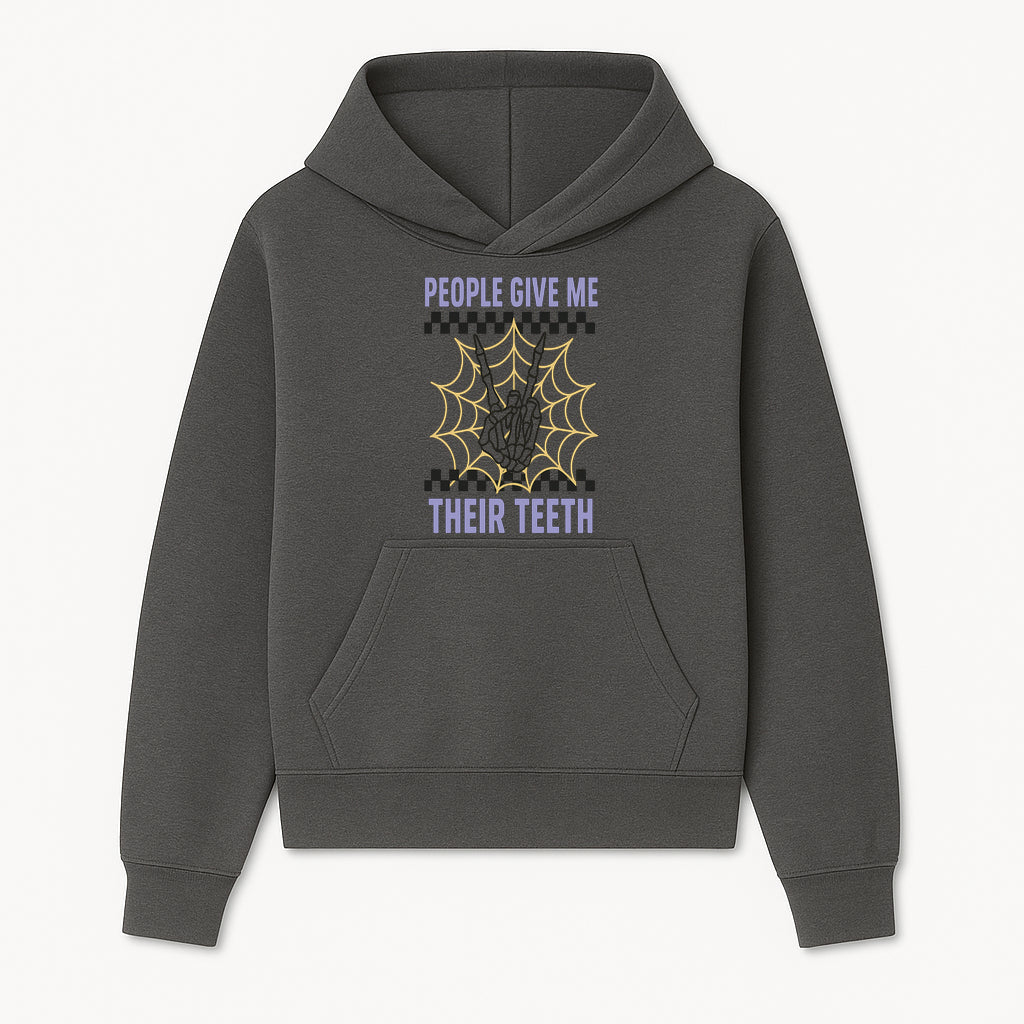 Spooky Skeleton Hand Art Print - 'People Give Me Their Teeth' Gothic Decor, Halloween Wall Art, Unique Gift Idea - Hoodie 1758250127763.jpg