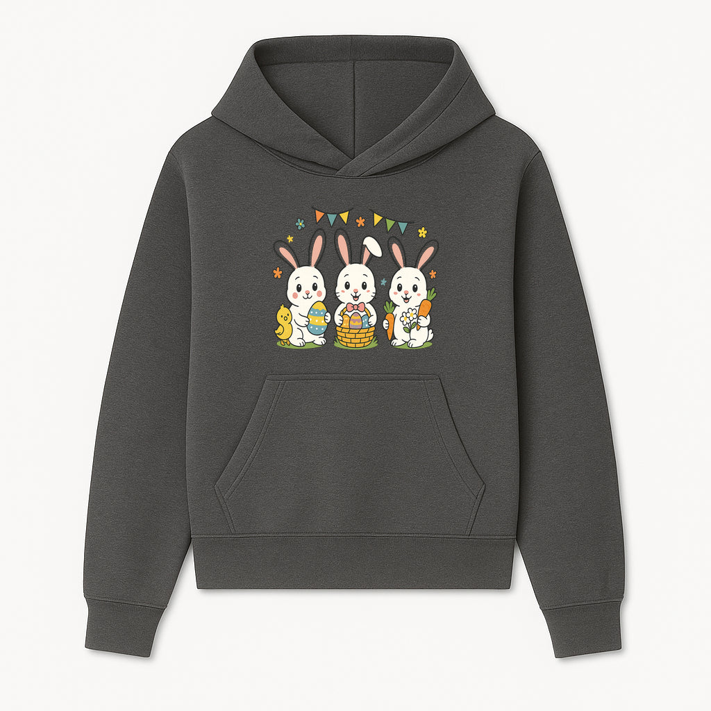 Easter Bunny Celebration Art Print | Cute Bunnies with Eggs, Carrots & Chick | Spring Holiday Decor for Kids' Rooms - Hoodie 1758250128510.jpg