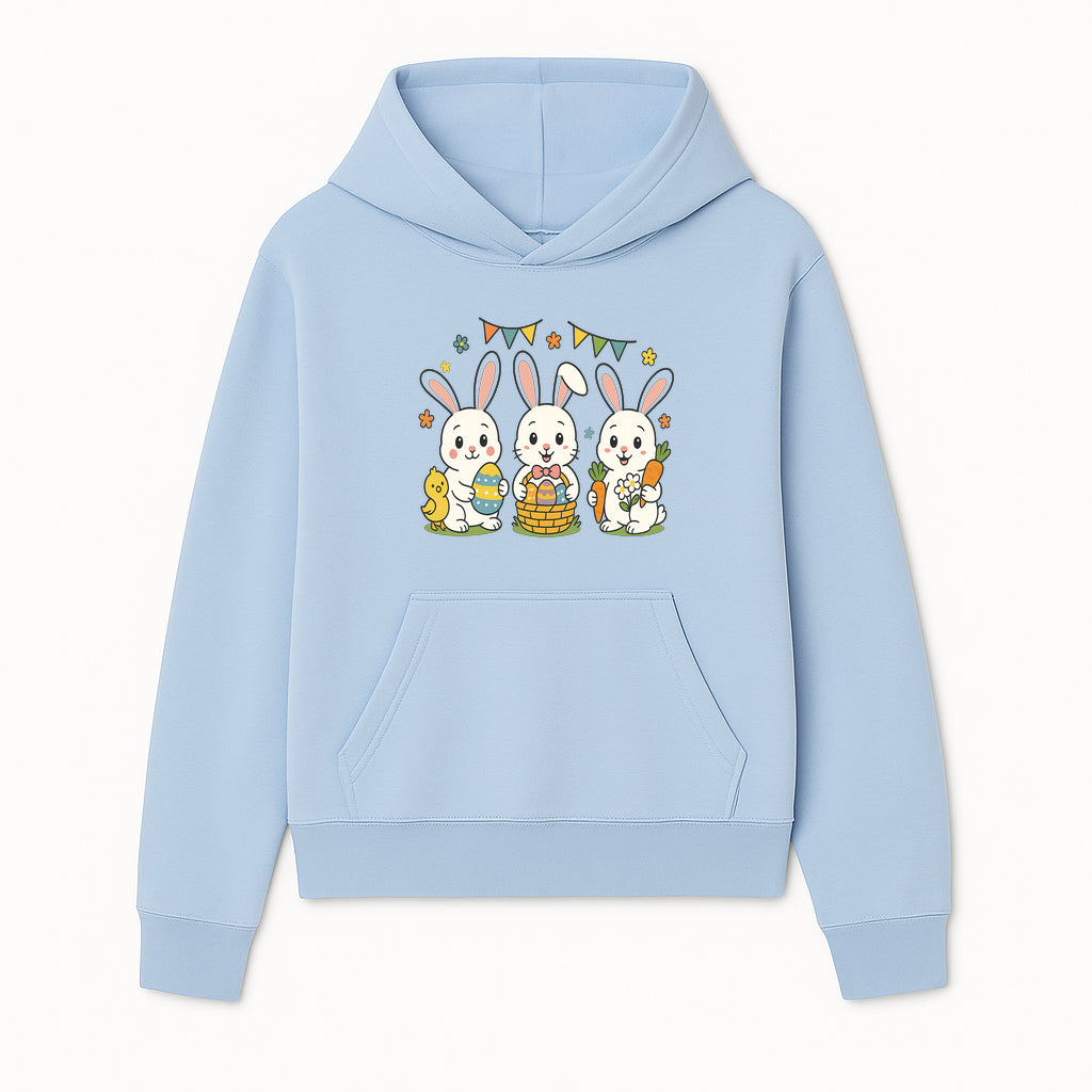 Easter Bunny Celebration Art Print | Cute Bunnies with Eggs, Carrots & Chick | Spring Holiday Decor for Kids' Rooms - Hoodie 1758250128997.jpg